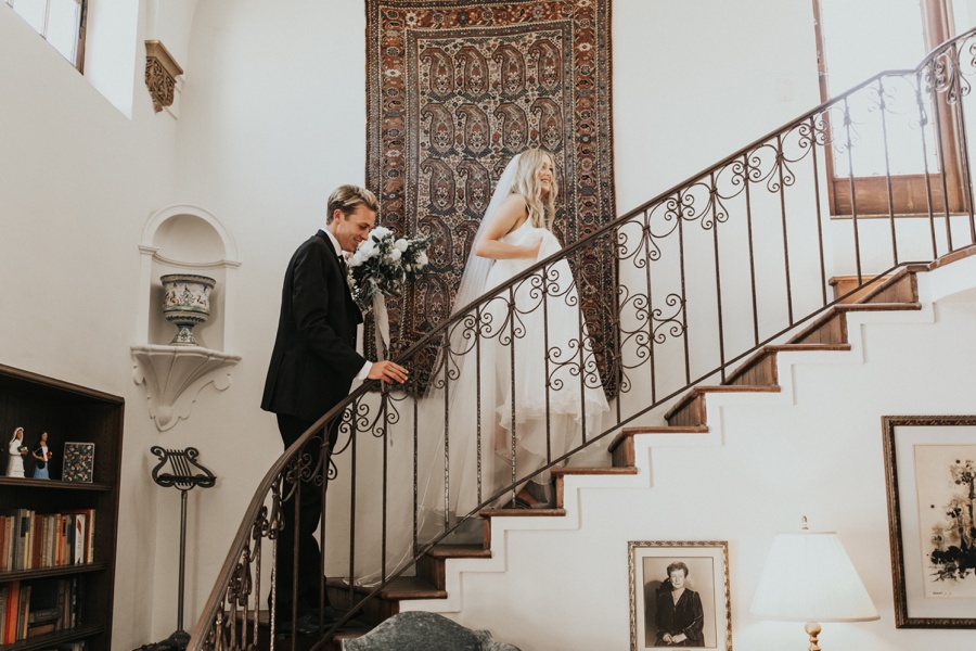 romantic darlington house wedding, la jolla california, bride and groom, old staircase, antique