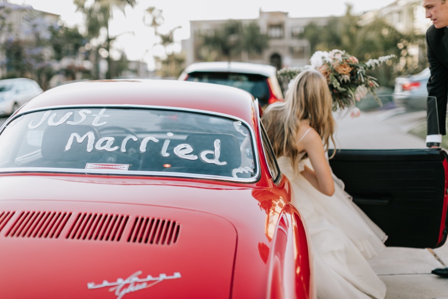 romantic darlington house wedding, la jolla california, vintage red car, just married