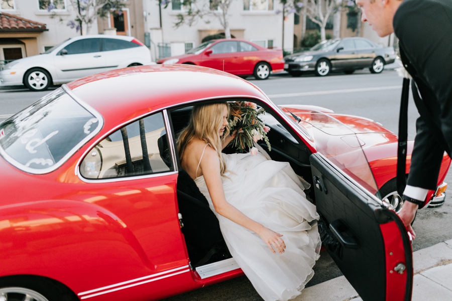romantic darlington house wedding, la jolla california, vintage red car, just married