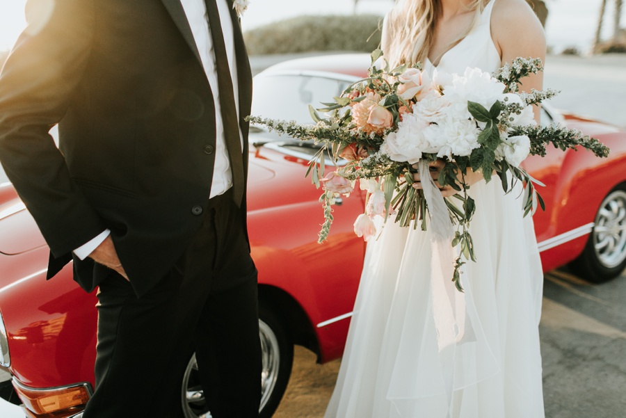 romantic darlington house wedding, la jolla california, vintage red car, just married, San Diego cliffs, Layered vintage florals