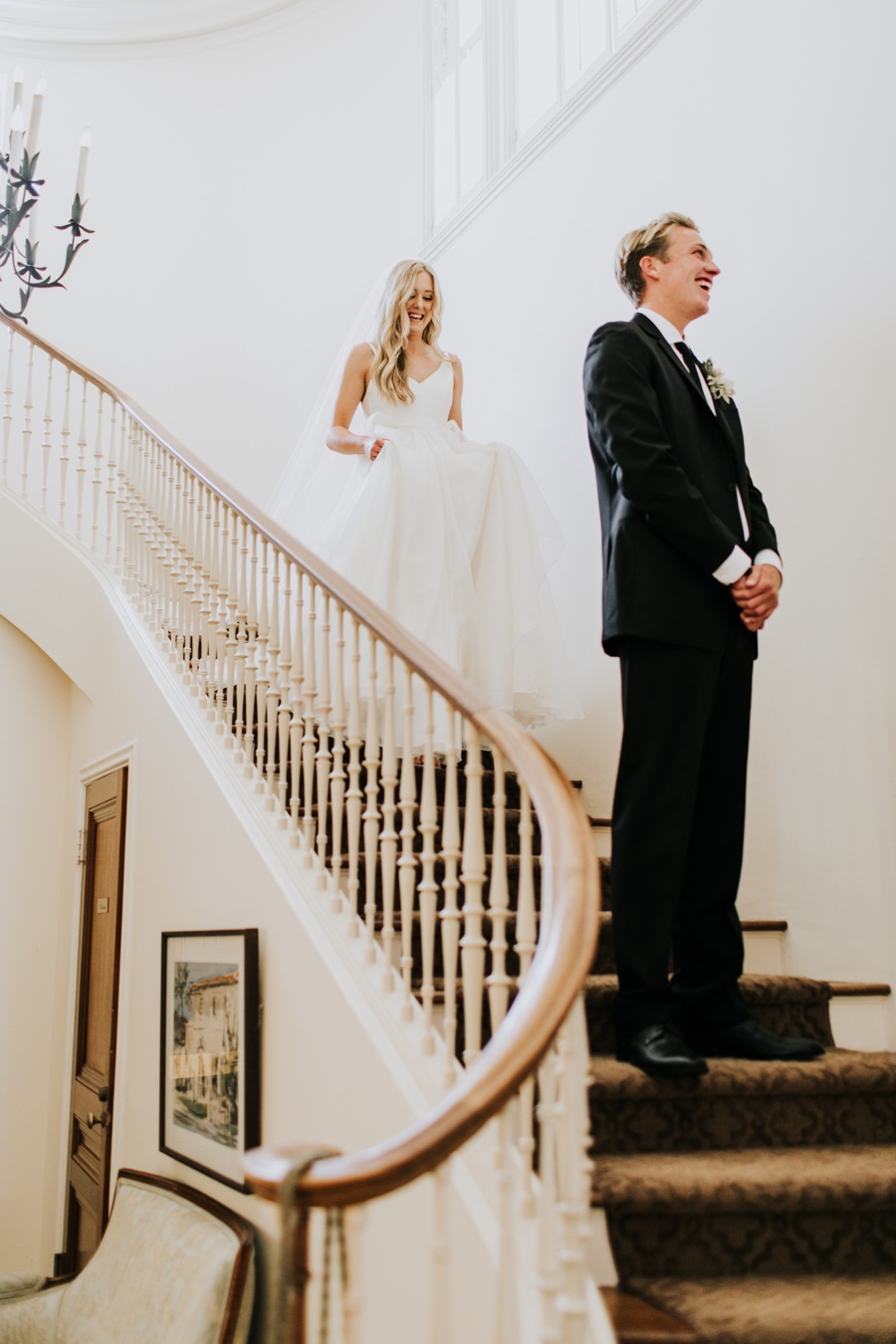 romantic darlington house wedding, la jolla california, first look, bride and groom, old staircase