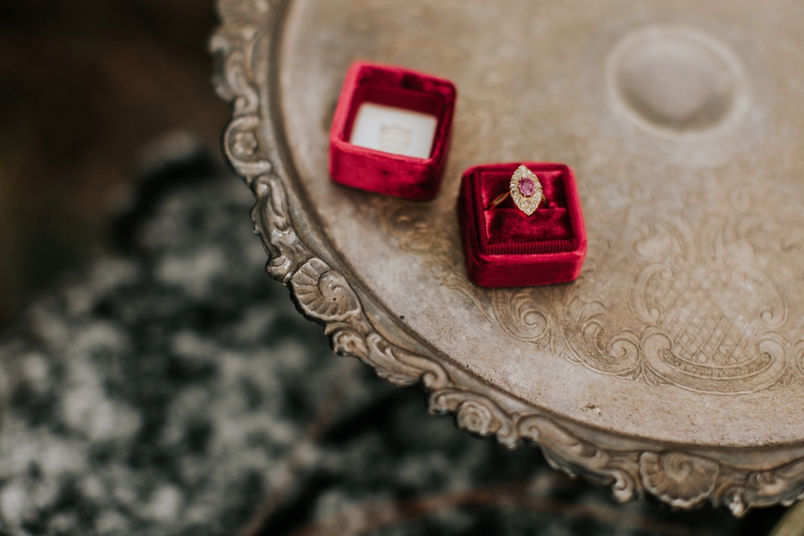 fall wedding inspiration, the mrs. box, maroon ring box, trumpet + horn ring