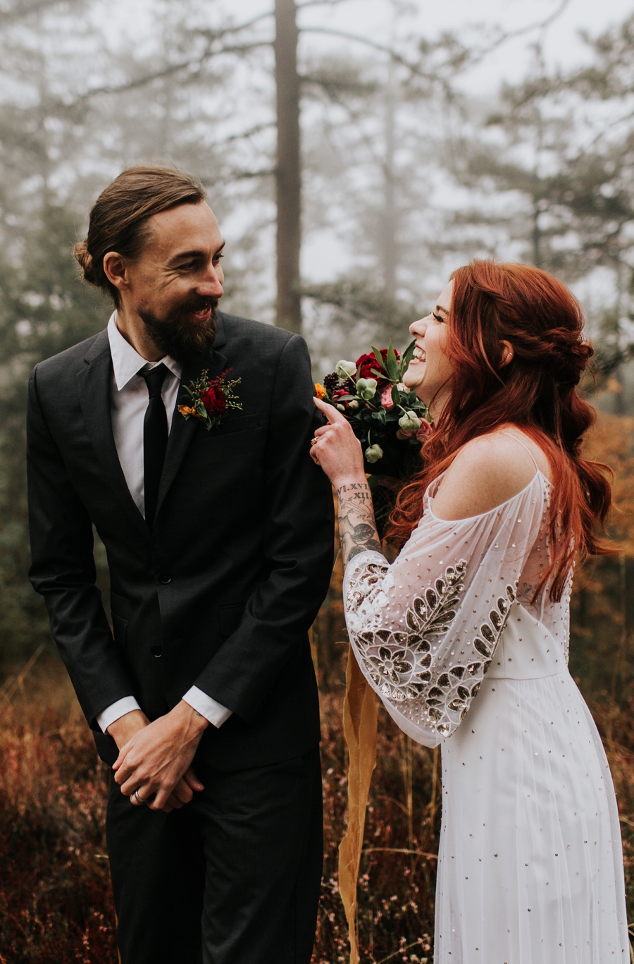 authentic wedding photographer, emotional first look in the foggy fall forest