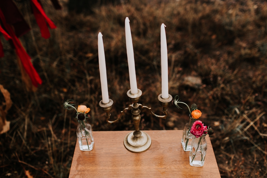 wedding candlestick, boho wedding with candles in the foggy fall forest of san diego