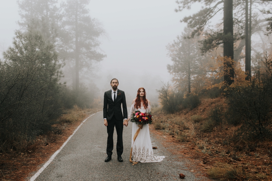 bride and groom in the woods wedding inspiration