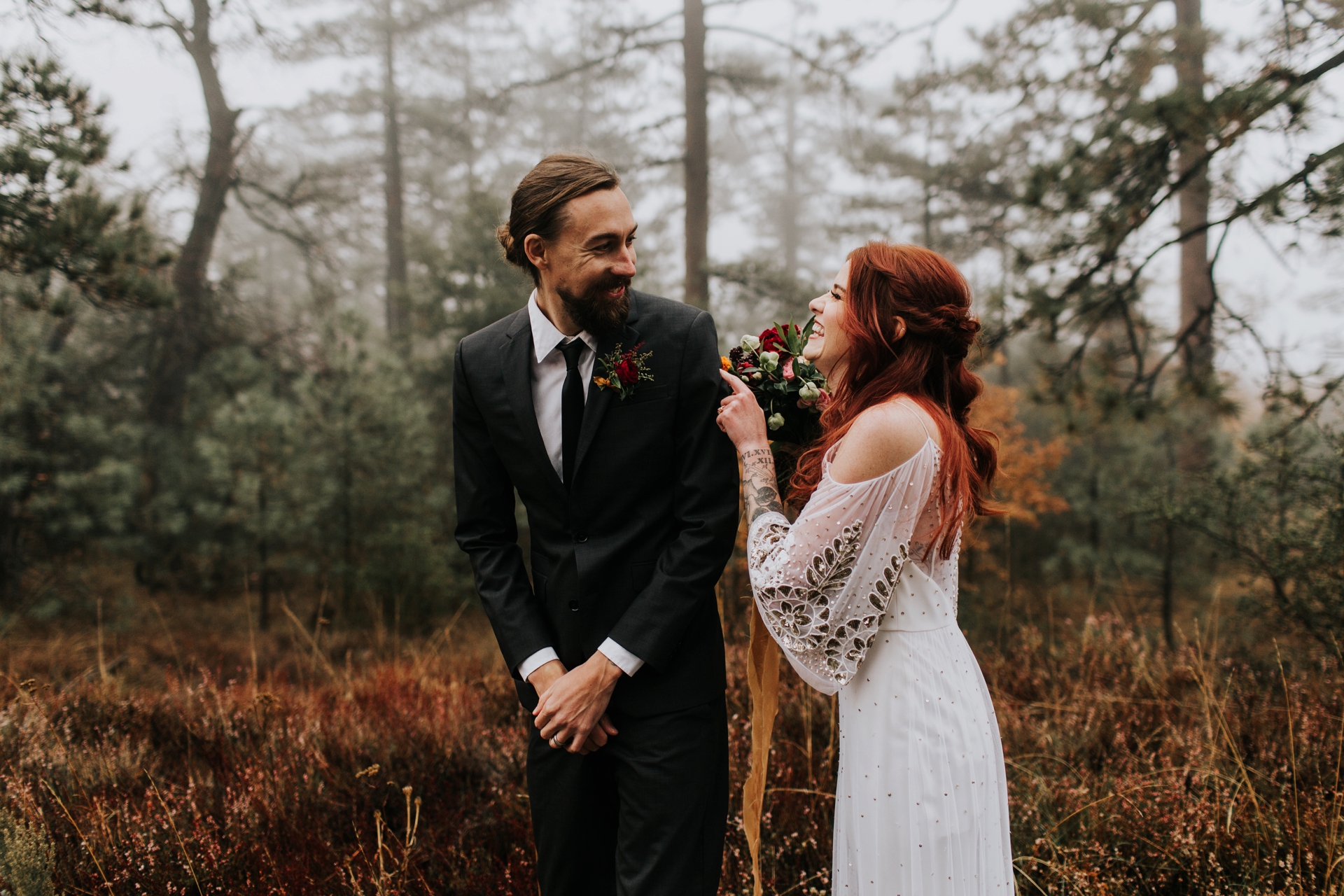 fall wedding inspiration, bohemian fall wedding inspiration, foggy fall wedding, wedding with fall colors, rue de siene wedding dress, the dress theory san diego, fall florals